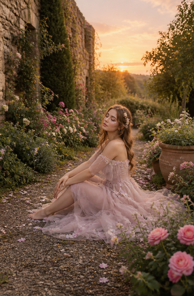 Model showcasing ethereal fairy makeup with floral details.