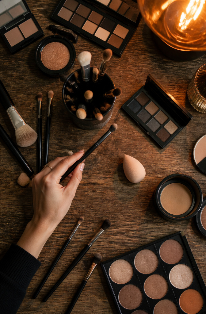 Tapered brushes and a fingertip on a makeup table.
