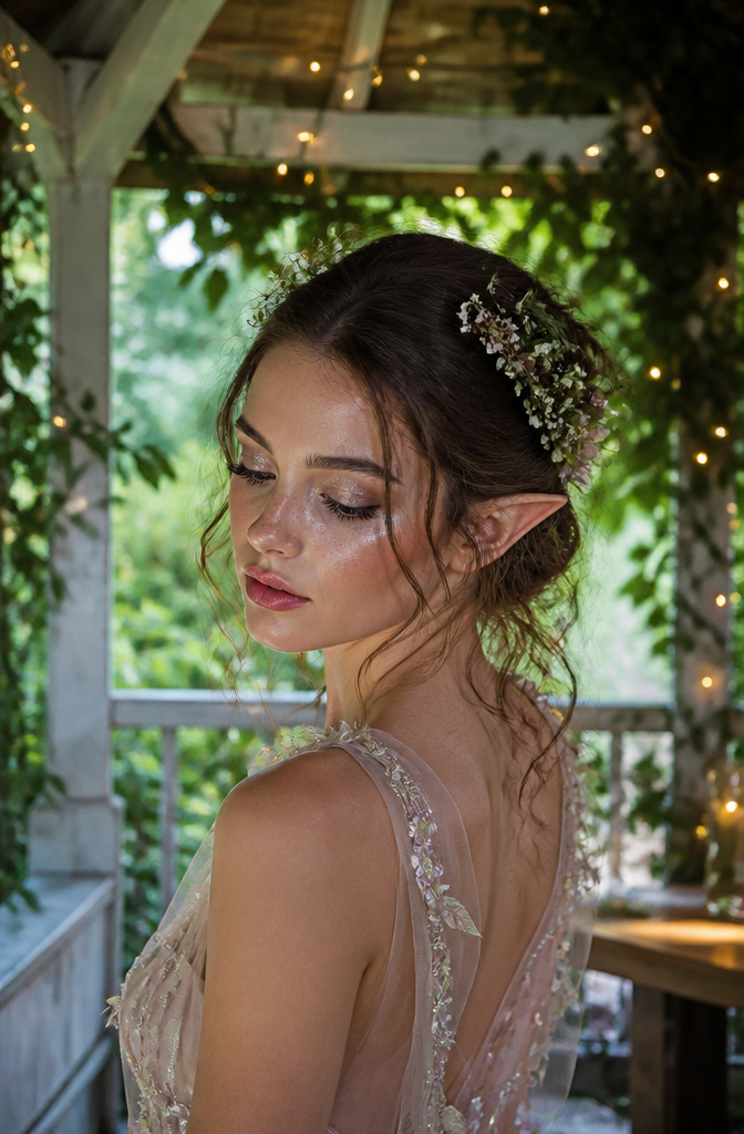 Model with classic fairy makeup featuring champagne highlights.