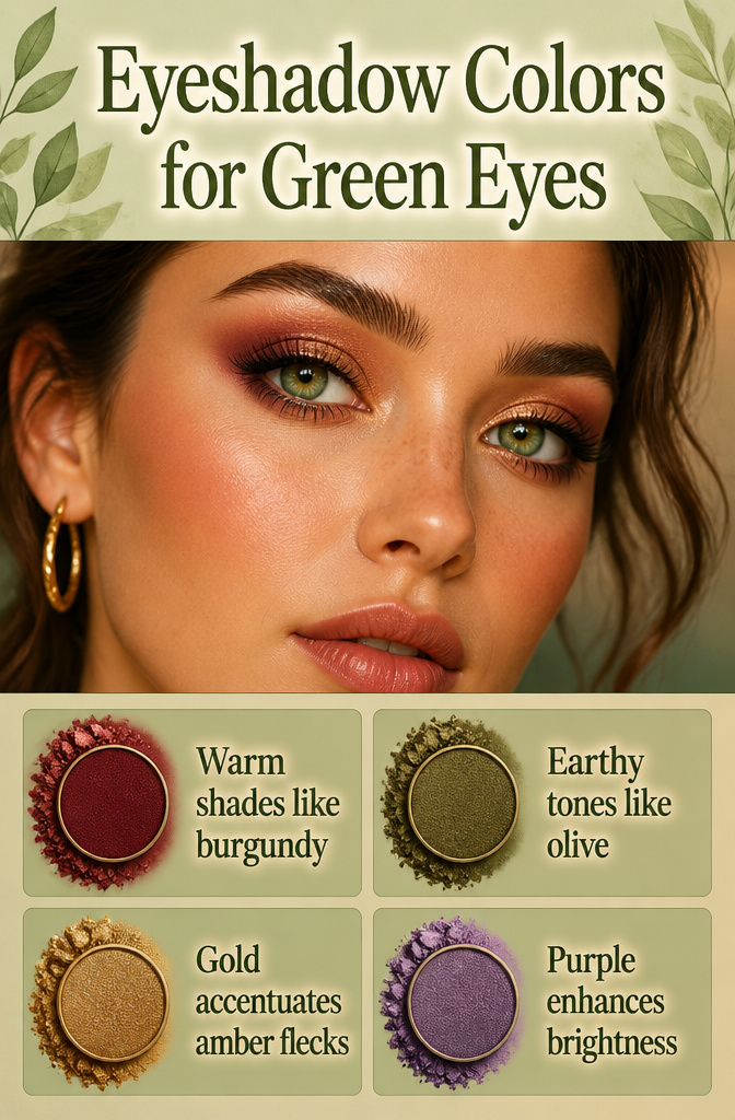 14 Simple Green Eye Makeup Looks and Ideas for 2026 16 Information image on eyeshadow colors that enhance green eyes.