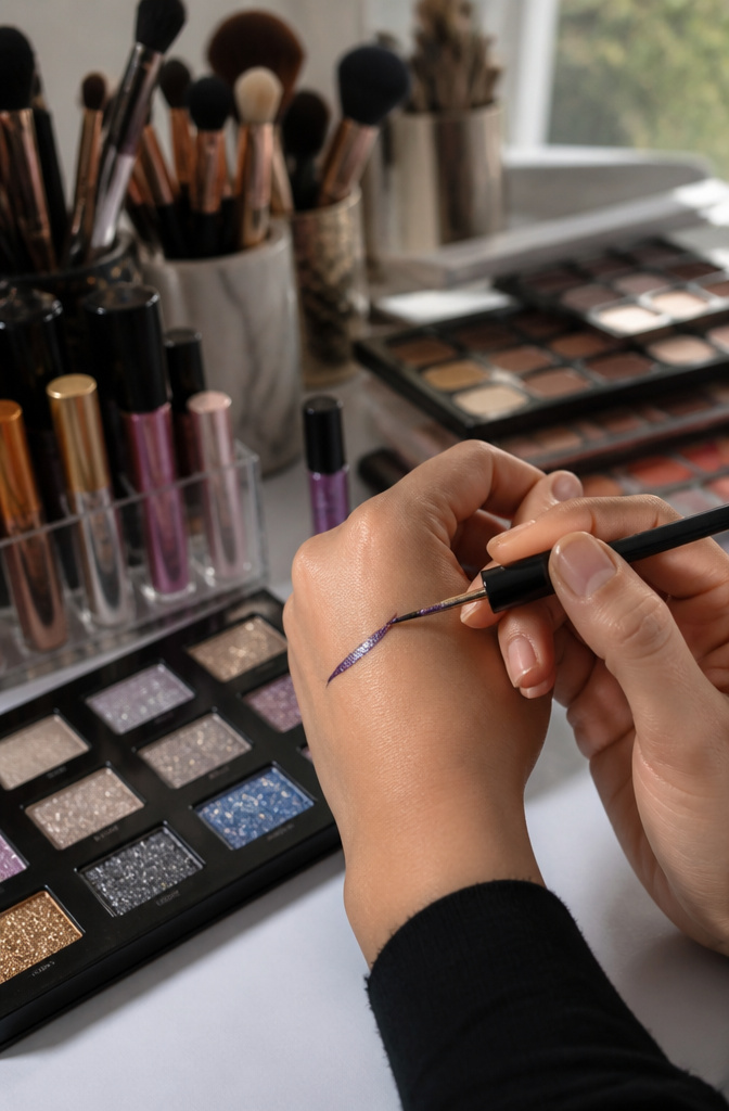 Close-up of a hand applying glittery winged eyeliner.