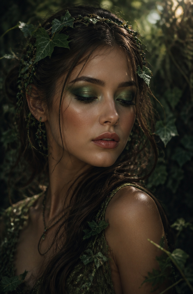 Model showcasing dark green fairy makeup with emerald tones.