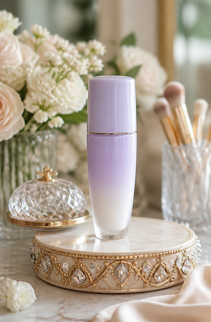 Tatcha The Liquid Silk Canvas Primer bottle on a makeup table.