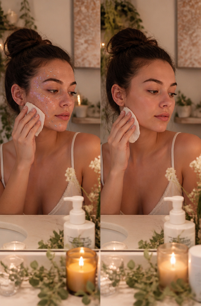 Model demonstrating makeup removal with cleansing towelettes.