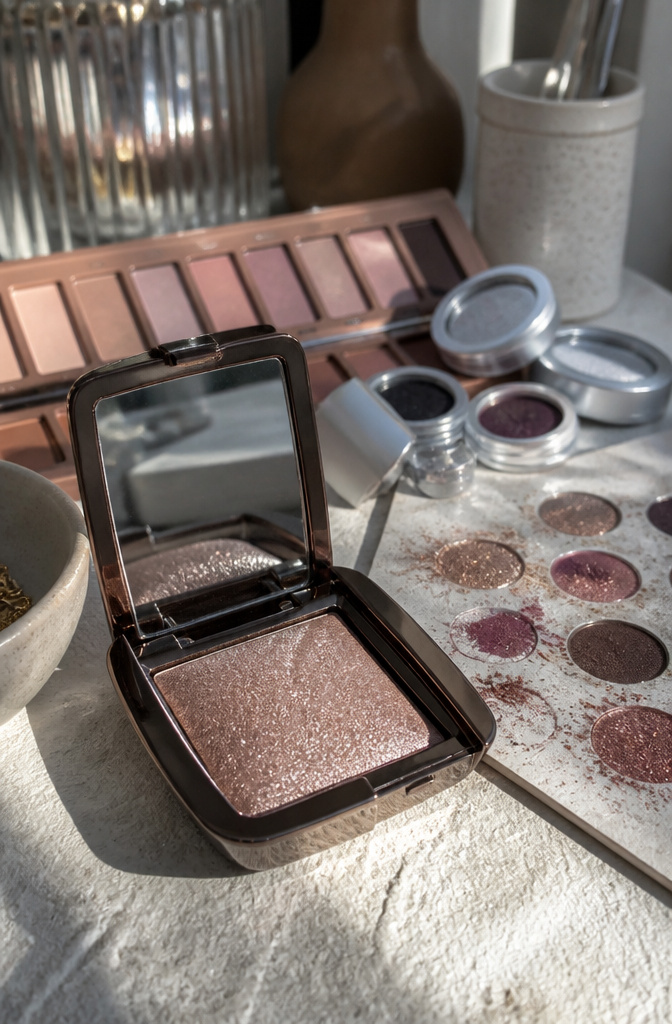 A collection of glitter eye shadow products on a textured background.