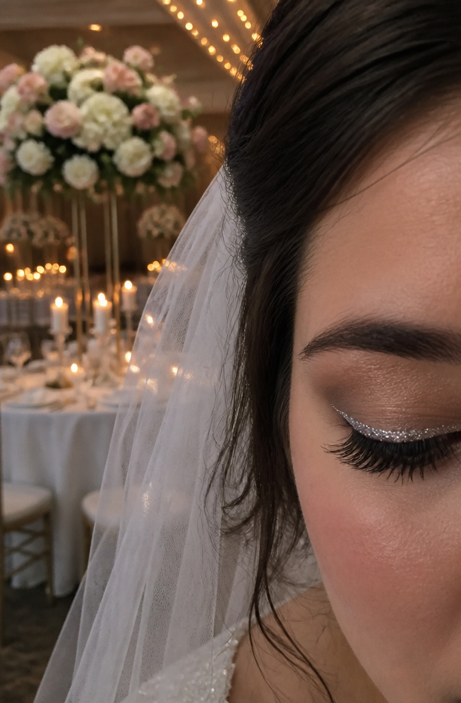 12 Unique Wedding Makeup Ideas for the 2026 Bride 3 Close-up of a bride's eyes with silver glitter eyeliner.