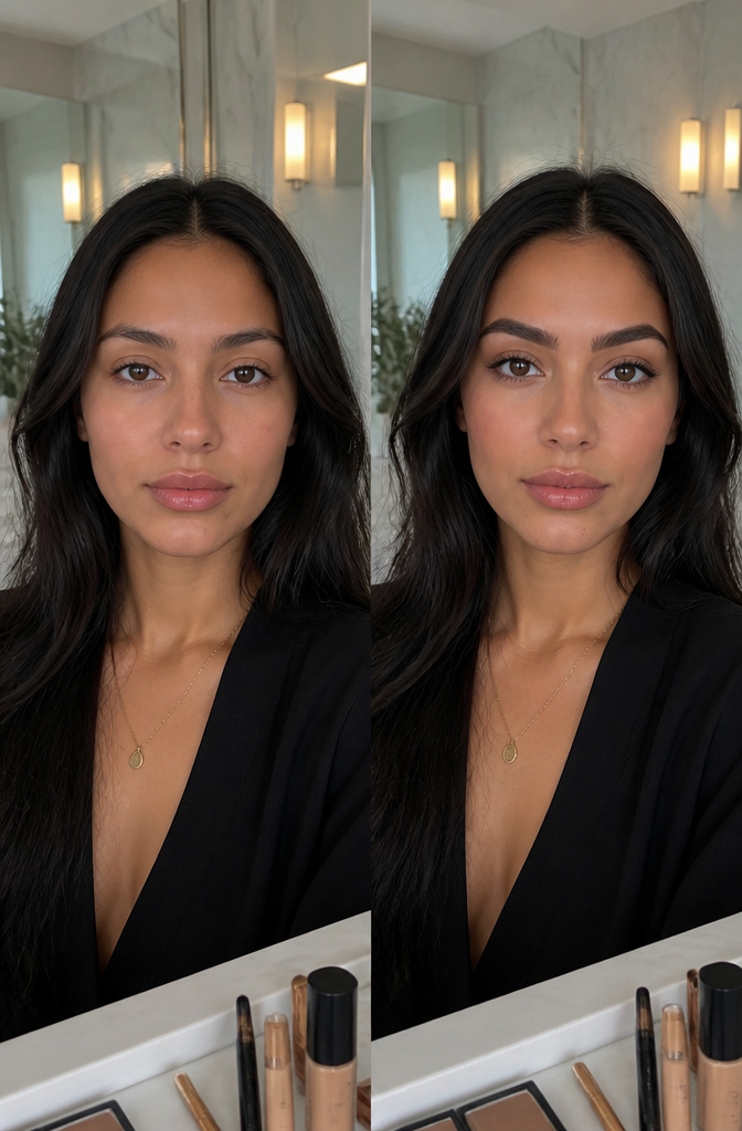Model with angular brows that create a structured appearance.