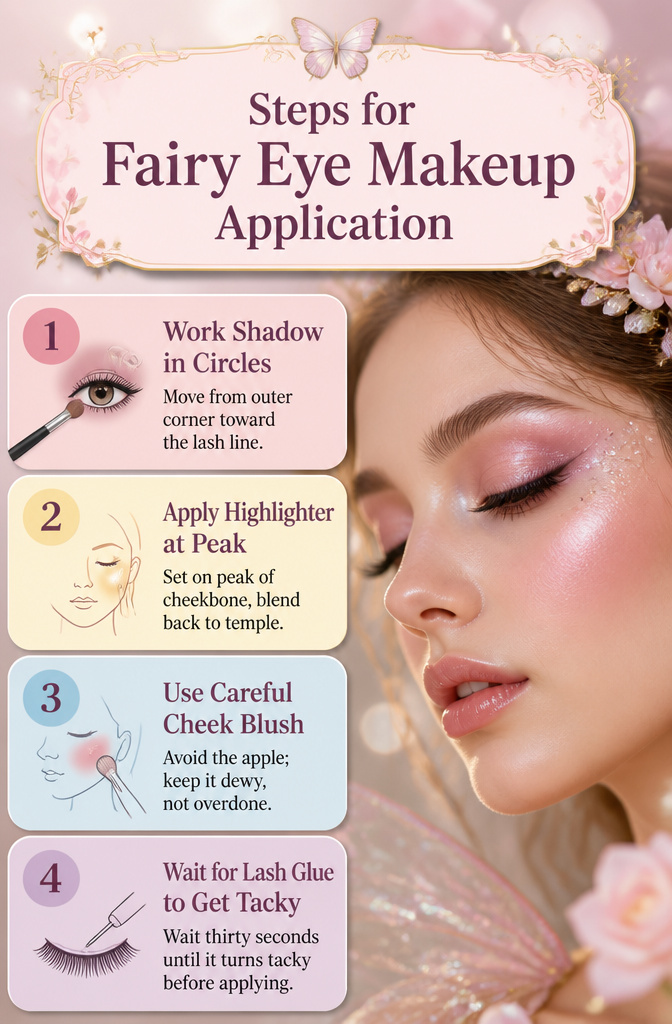 Graphic illustrating steps for applying fairy eye makeup.