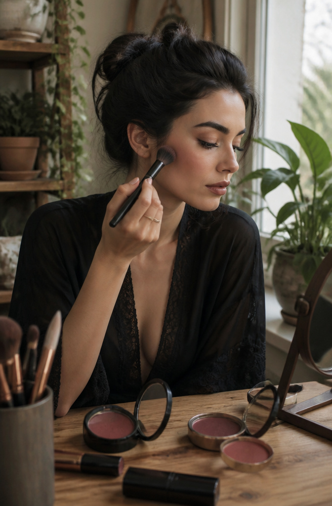 Model applying dark plum blush to the hollow of her cheekbones.