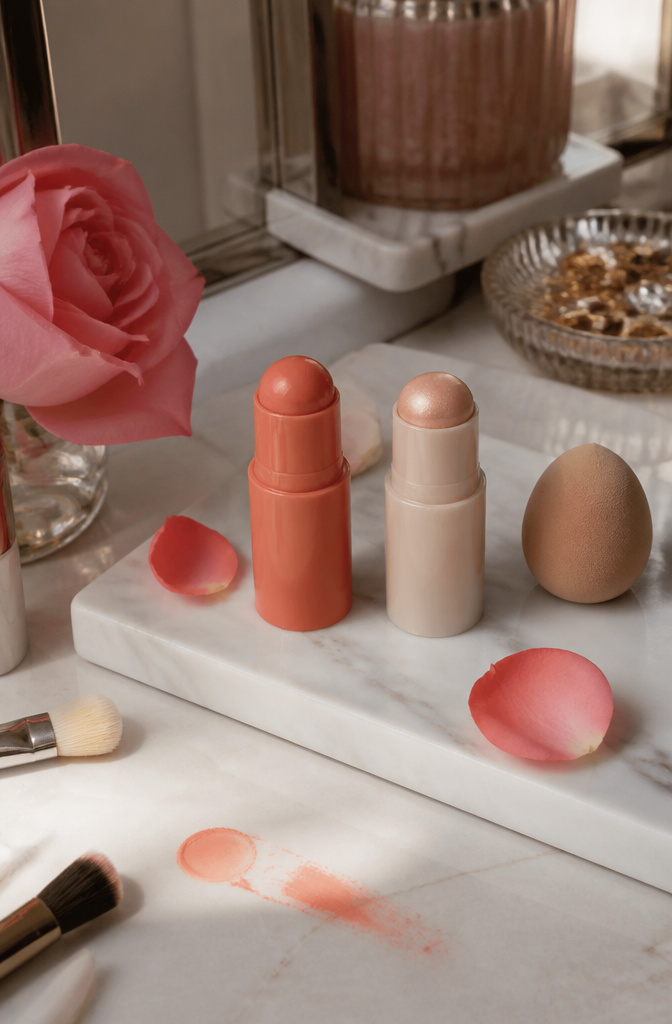 L'Oréal Paris blush and highlighter displayed on a marble tray.