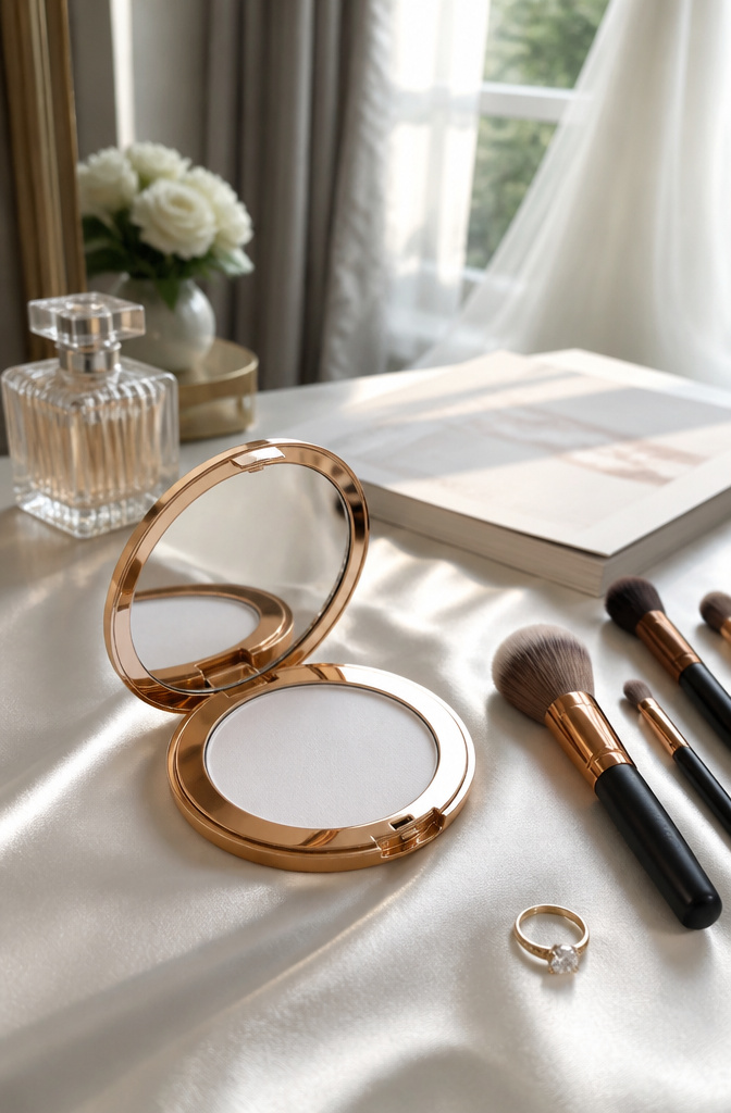 Charlotte Tilbury Airbrush Flawless Finish Setting Powder on a satin vanity.