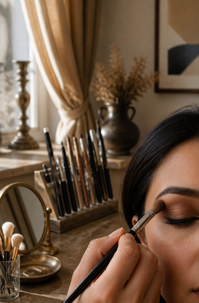 Close-up of a hand applying matte brown eyeshadow to the crease.
