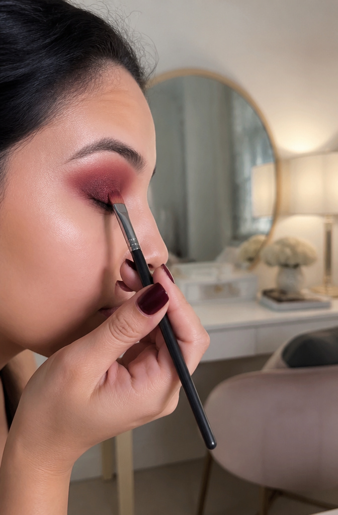 A model applying red eyeshadow on her eyelid.