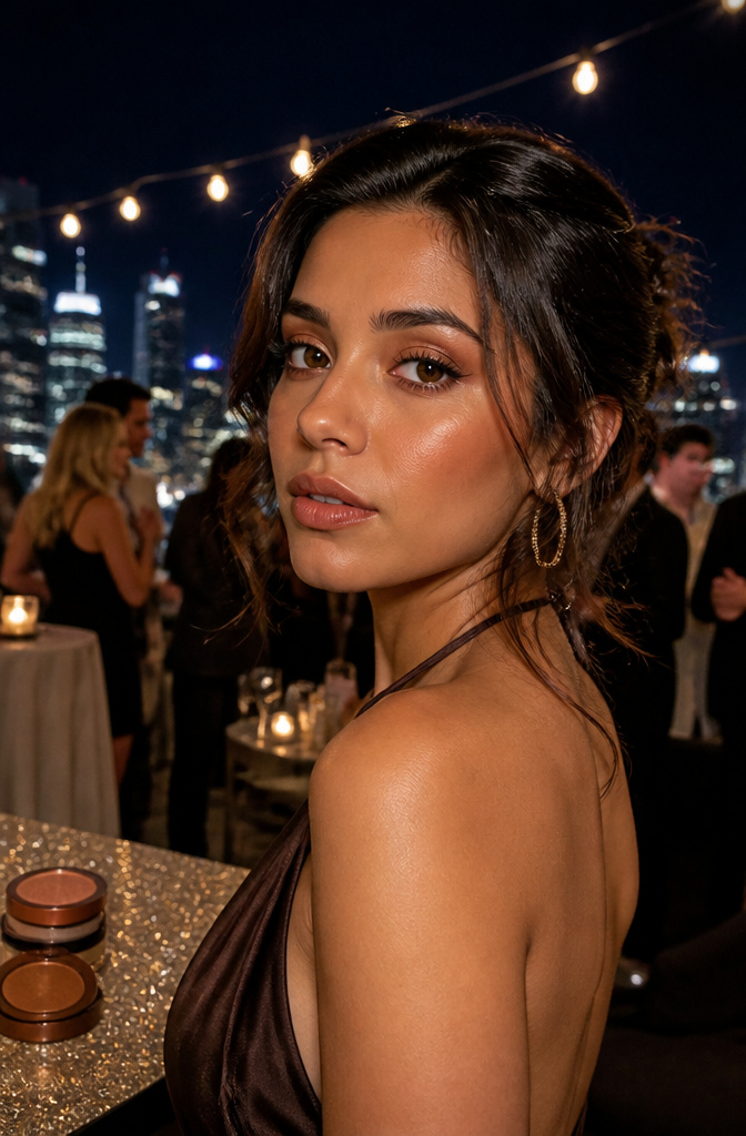 Model showcasing metallic brown eye makeup at a rooftop event.