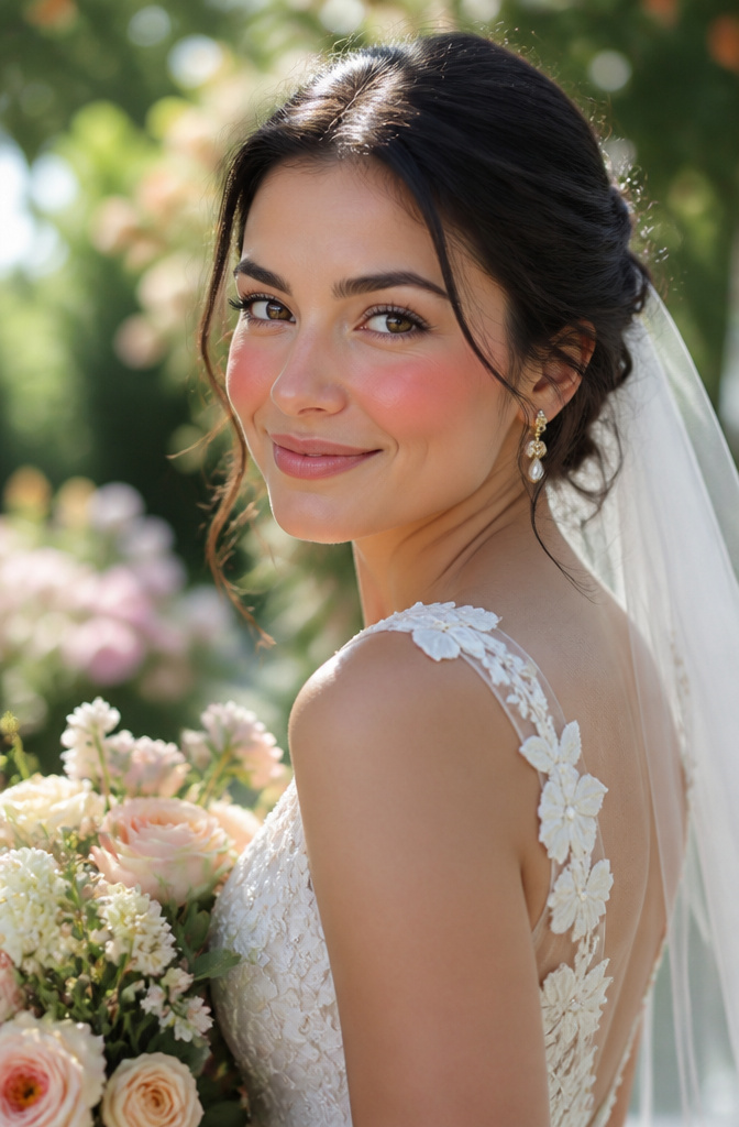 12 Unique Wedding Makeup Ideas for the 2026 Bride 4 Bride with bright peach blush applied high on her cheeks.