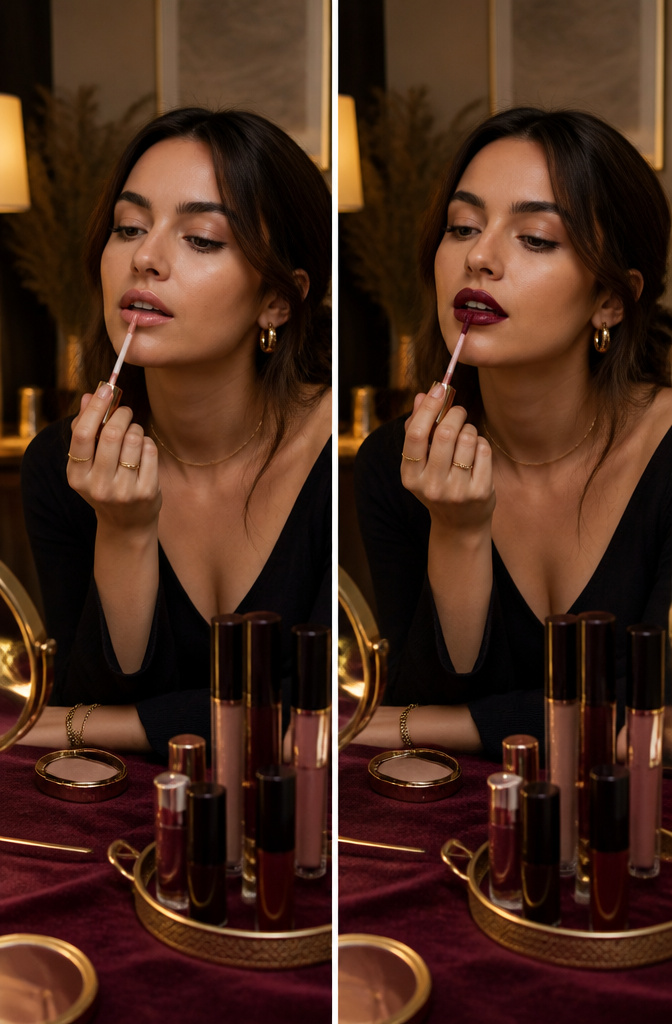Model applying a dark berry lip color with a matte finish.