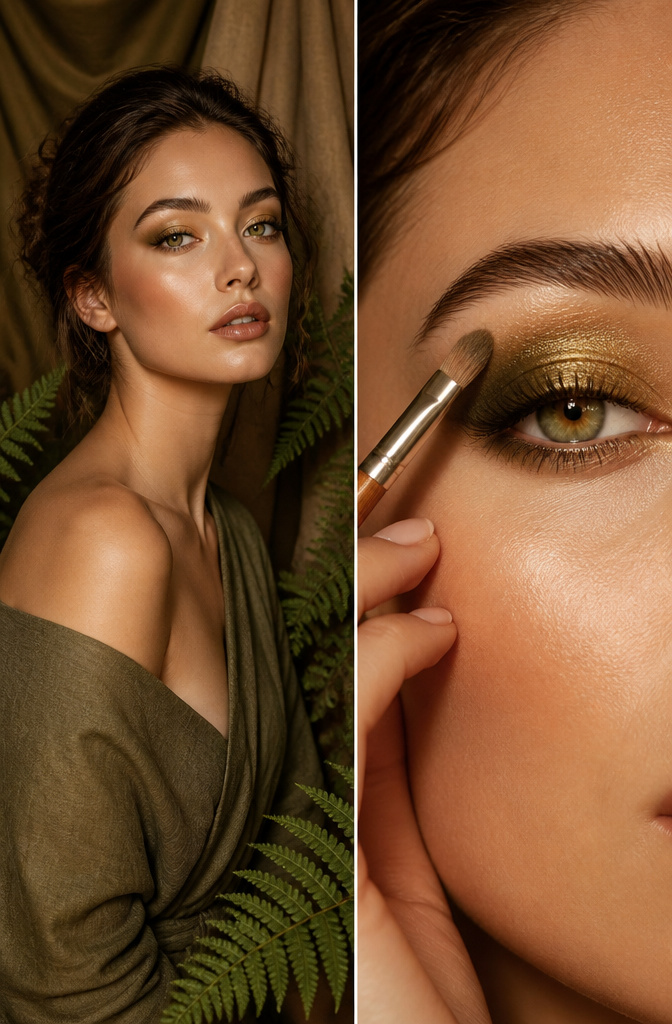 10 Makeup Looks for Green Eyes: Ideas & Color Tips for 2026 5 Model showcasing olive and gold gradient eyeshadow.
