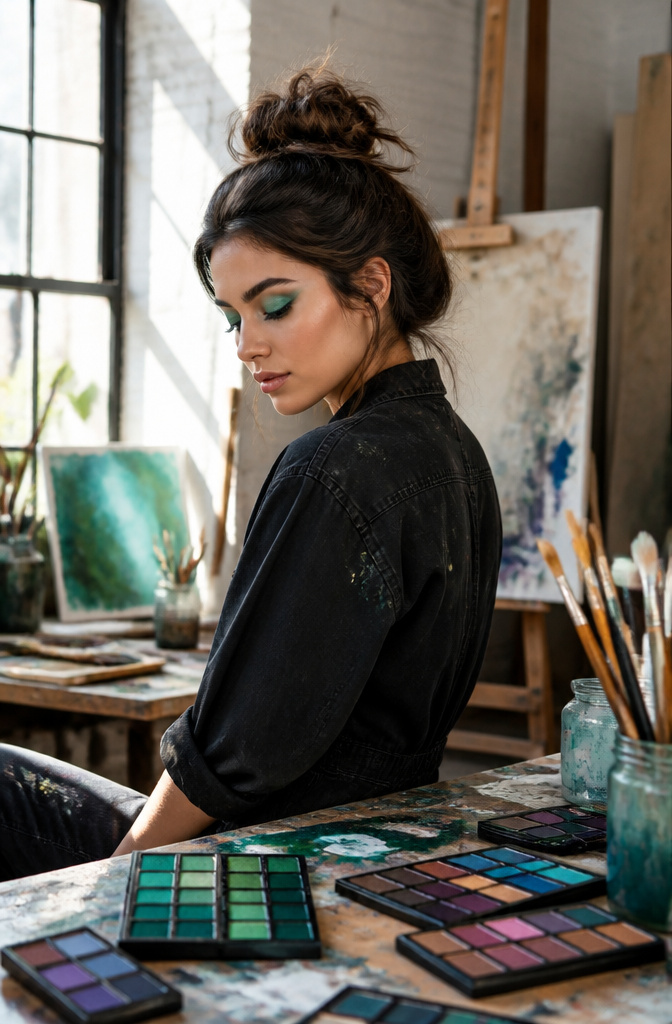 Model with jewel-toned emerald eye makeup in a colorful studio.