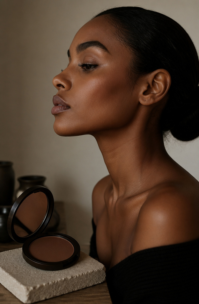 Profile view of a model with expertly contoured cheekbones.