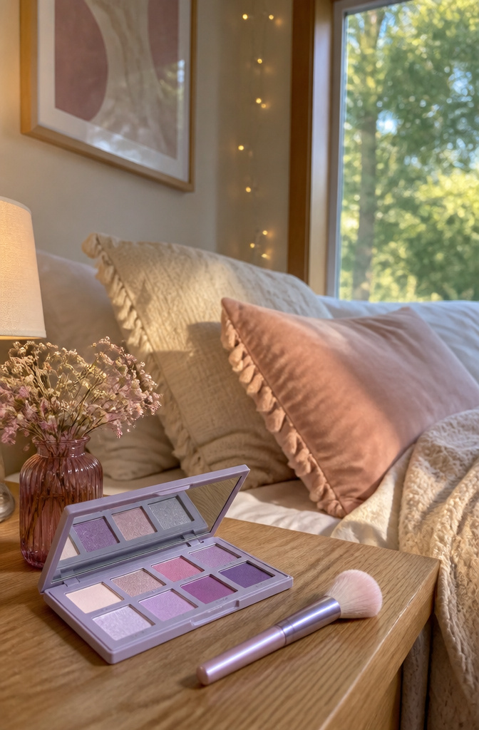Model showcasing soft pastel eye makeup in a cozy bedroom.