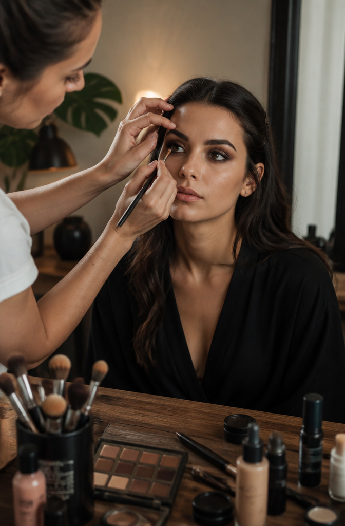 Artist smudging dark brown liner on model's lash lines.