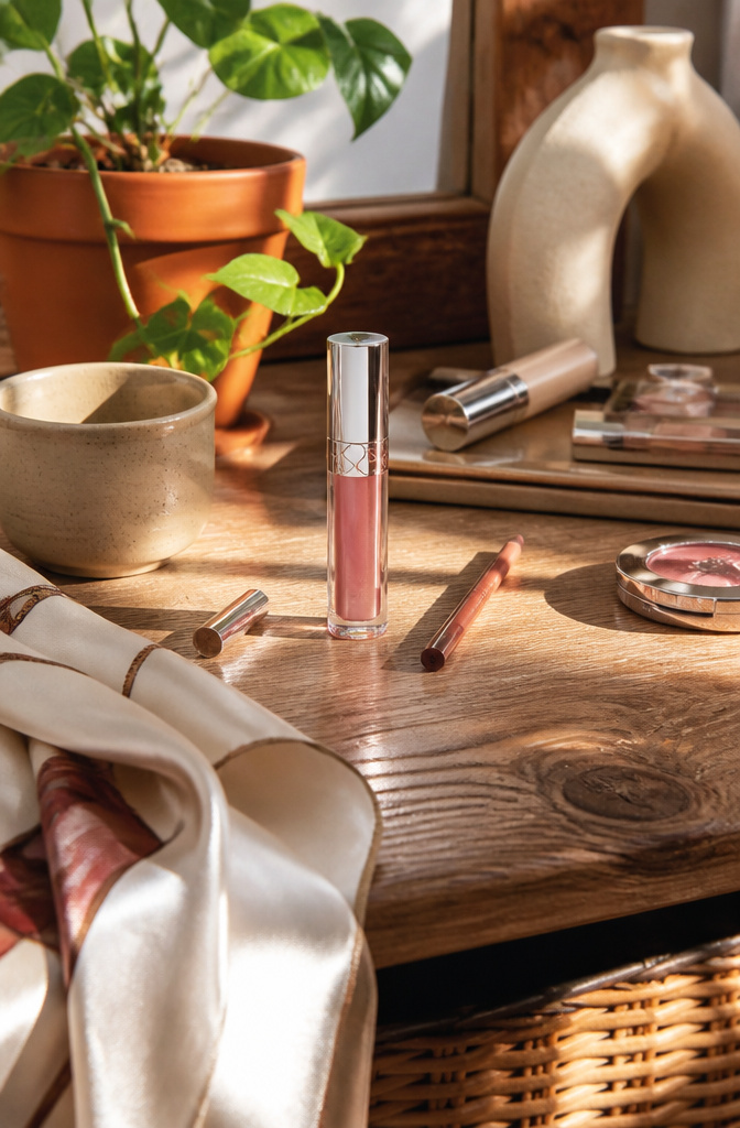 Lip oil bottle displayed on a rustic wooden table with beauty essentials.