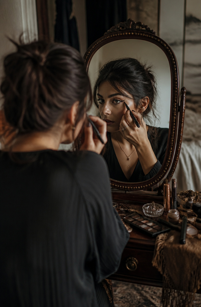 Model applying eyeliner with a sharp wing at the outer corner.
