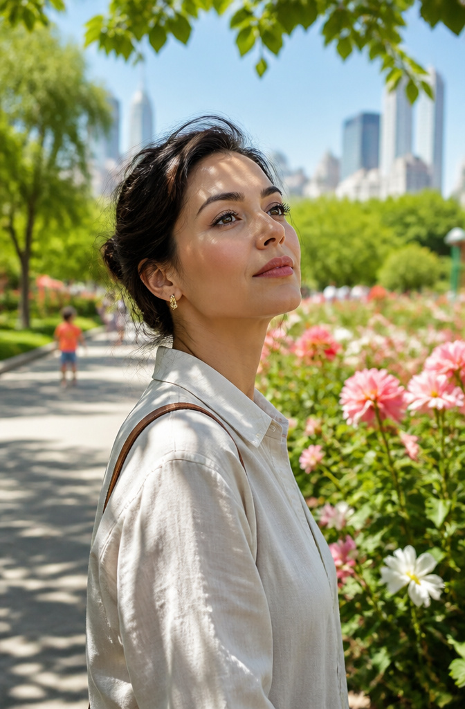A woman with curled lashes standing in a flower garden.