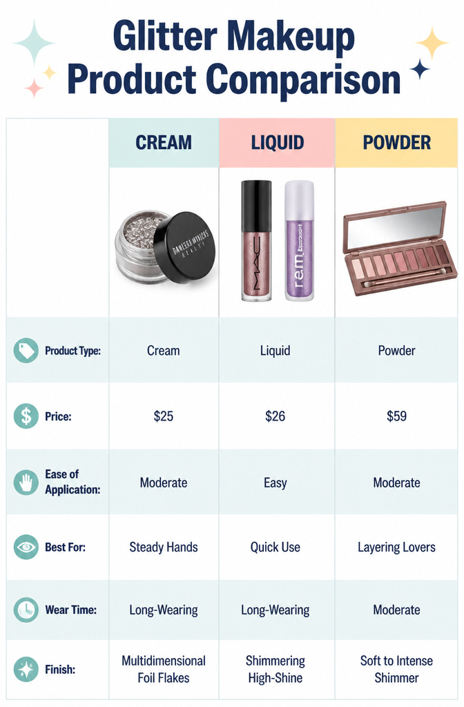 A comparison image of various glitter eye makeup products.