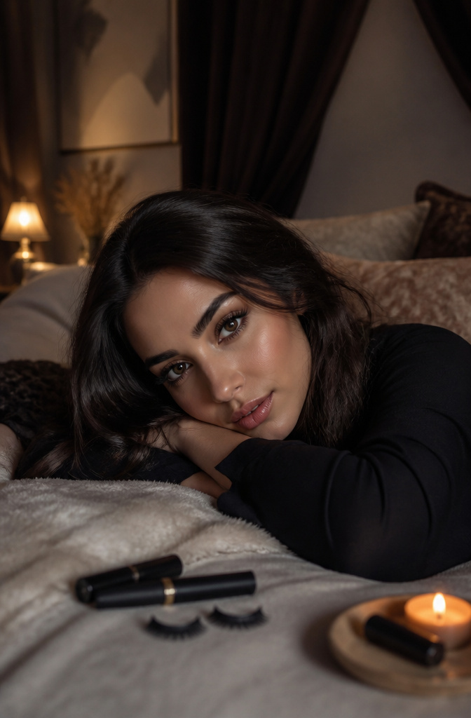 Model showcasing dark, full lashes in a cozy setting.