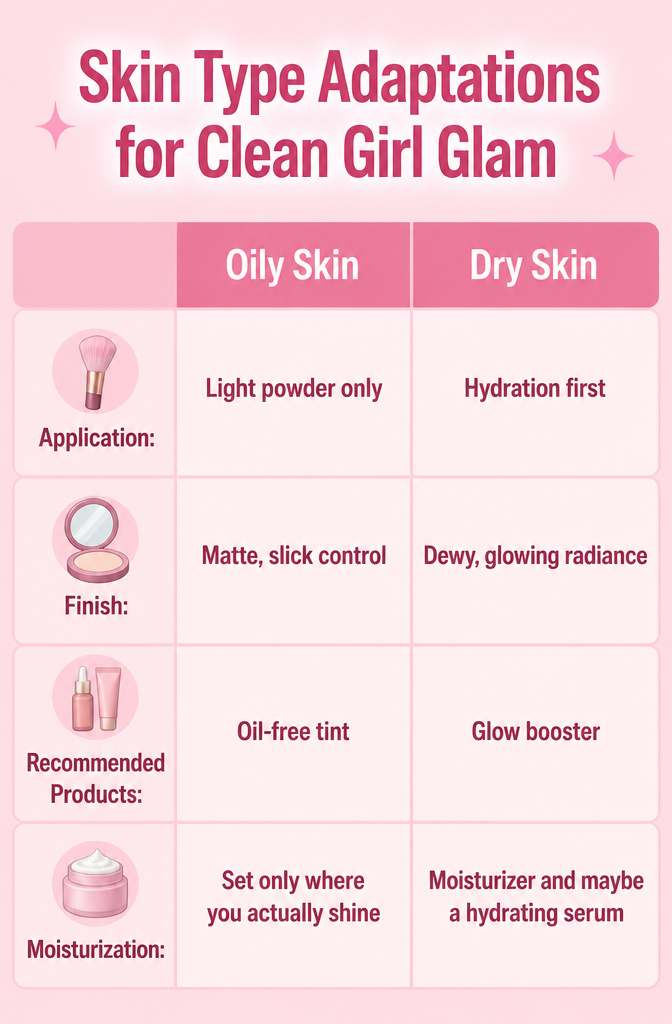 Text graphic titled 'Skin Type Adaptations for Clean Girl Glam'.