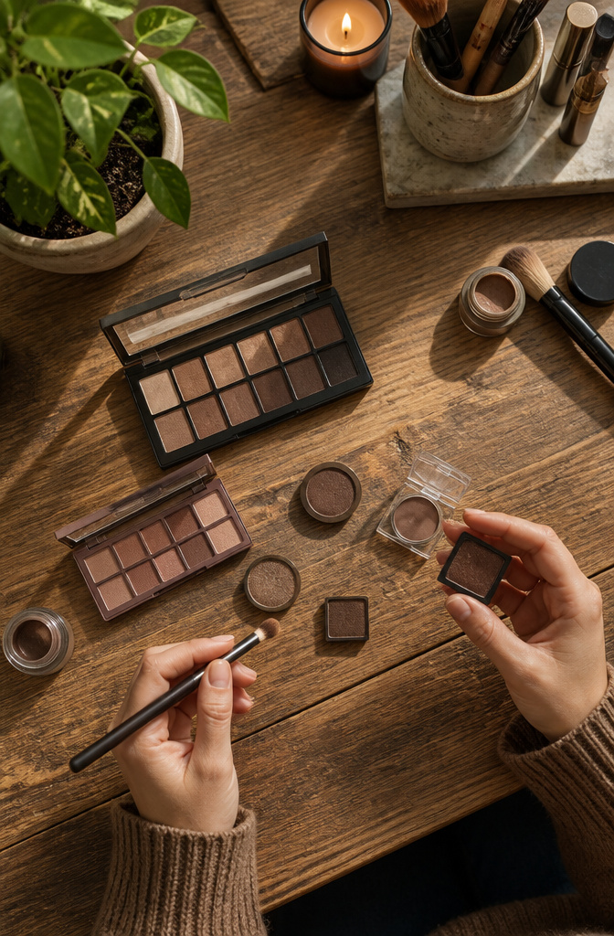 Mid-toned brown eyeshadow palette displayed on a surface.