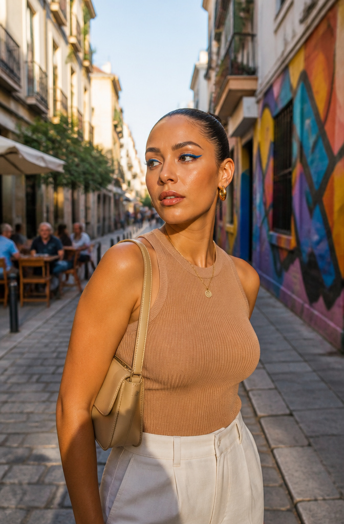 Model with colorful winged eyeliner against urban graffiti backdrop.