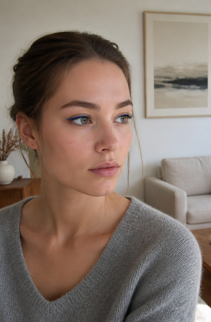14 Simple Green Eye Makeup Looks and Ideas for 2026 8 Model showcasing cobalt eyeliner applied to her upper lash line.