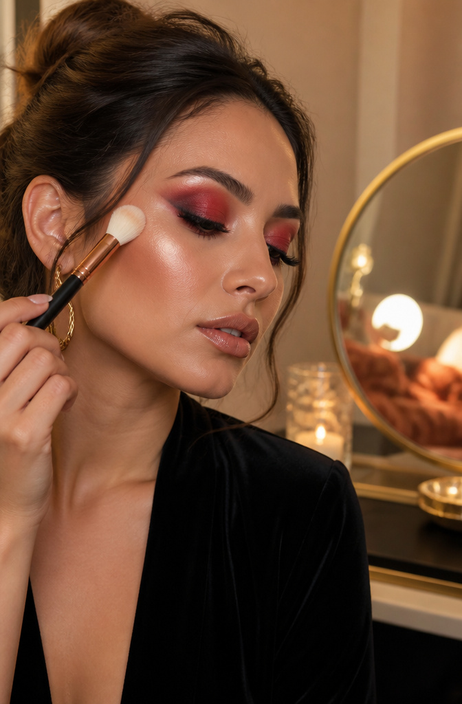 A model's cheekbone highlighted to enhance her makeup.