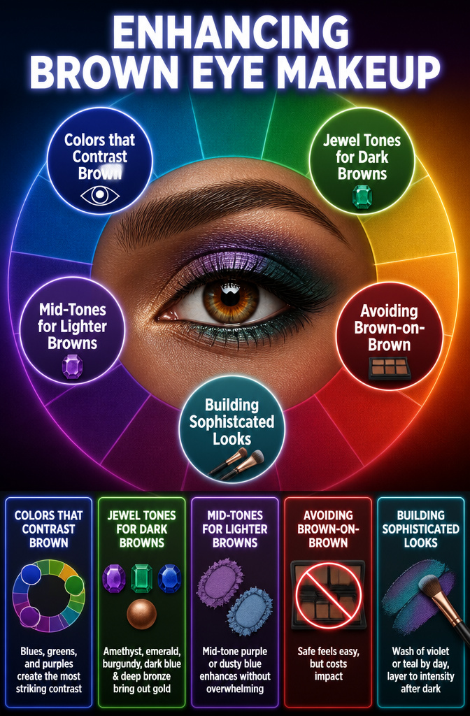 Information graphic on enhancing brown eye makeup.