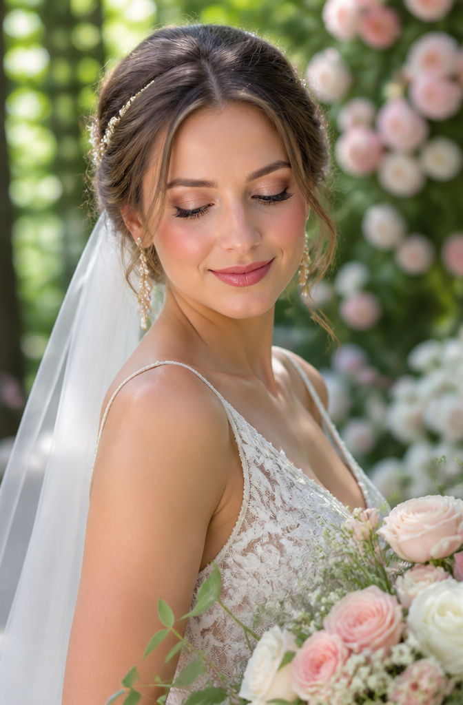 12 Unique Wedding Makeup Ideas for the 2026 Bride 9 Bride with soft pink lips and rosy cheeks in a garden setting.