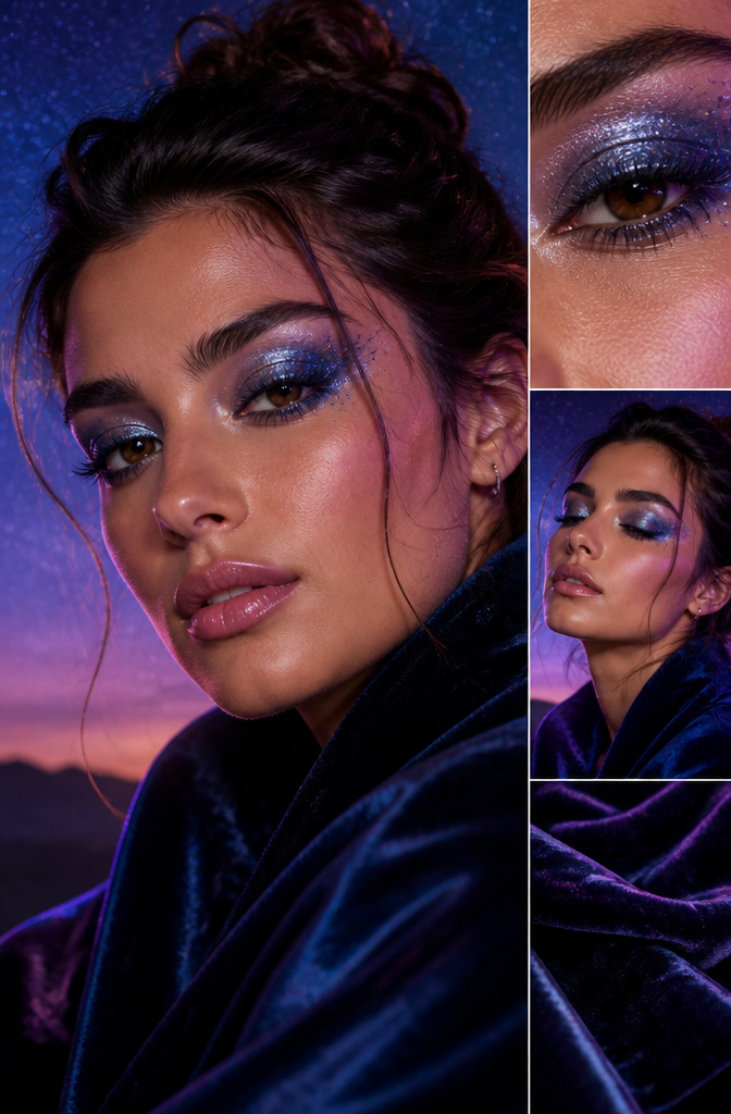 Model with cosmic eye makeup showcasing glitter details.