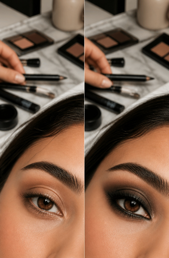 Makeup artist applying brown eyeliner to model's waterline.
