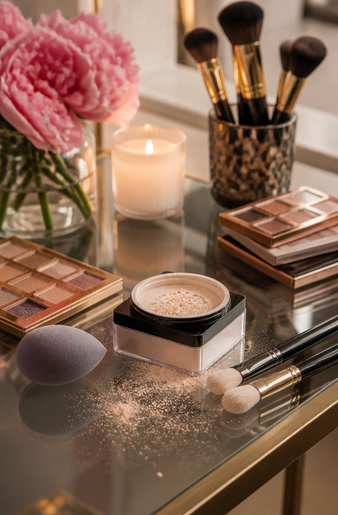 HUDABeauty Easy Bake Loose Baking & Setting Powder next to a sponge.