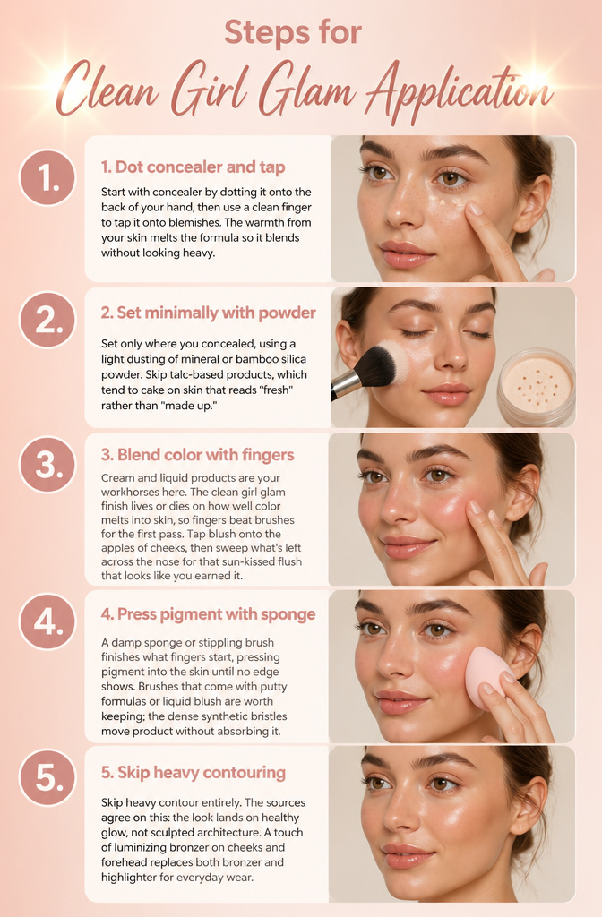 Instructions outlining steps for clean girl glam makeup application.