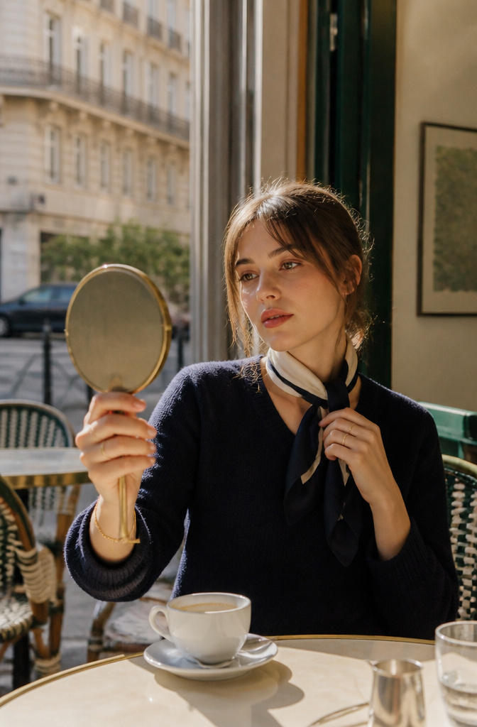A woman at a café applying concealer and checking her reflection.