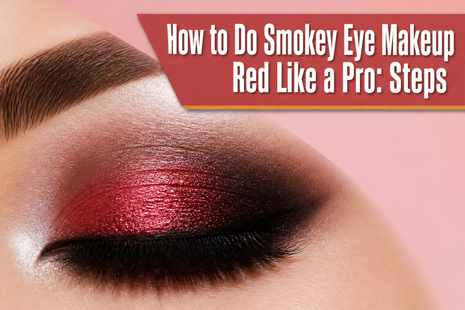 A close-up of a model's eye with red smokey eye makeup.
