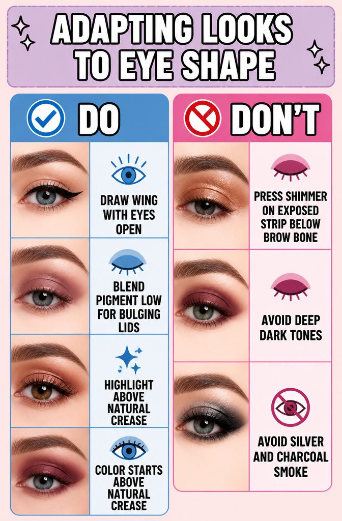 10 Makeup Looks for Green Eyes: Ideas & Color Tips for 2026 15 Graphic illustrating how to adapt looks to eye shape.
