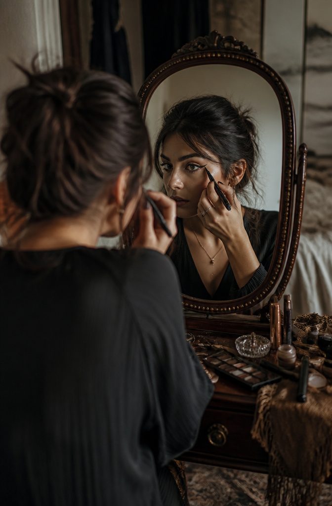 Model applying eyeliner with a sharp wing at the outer corner.