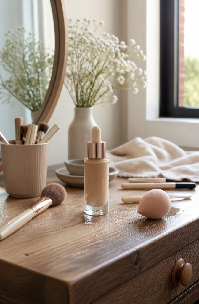 Clean Girl Glam Makeup: A Step-by-Step Tutorial for 2026 3 L'Oréal Paris Lumi Le Glow Skin Tint bottle on a sunlit vanity table.