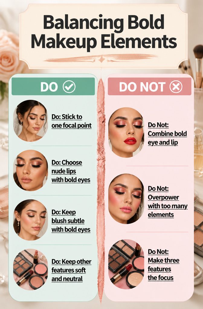 12 Unique Wedding Makeup Ideas for the 2026 Bride 17 Graphic detailing the balance of bold makeup elements.
