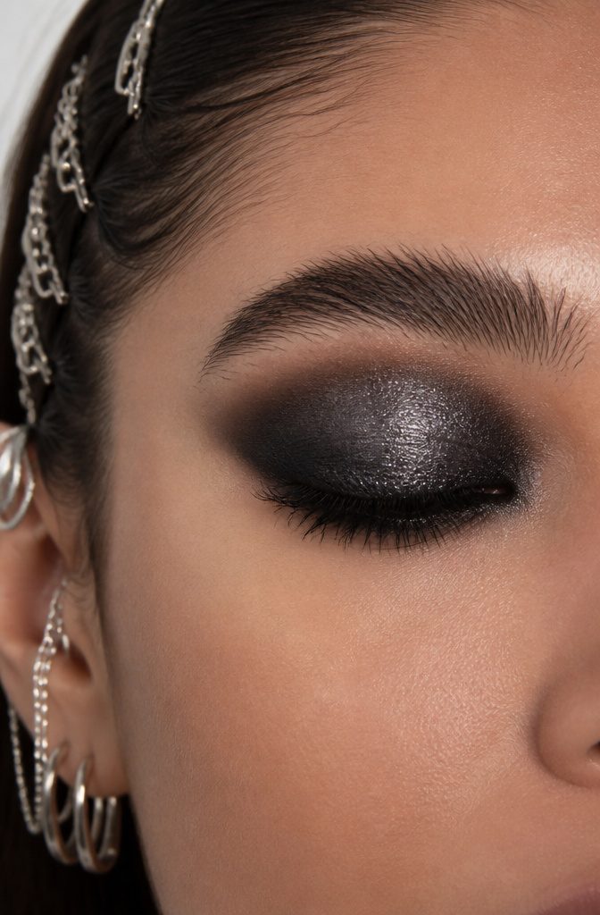 20 Black Eyeshadow Looks From Classic to Edgy for 2026 6 Close-up of black metallic eyeshadow with a gradient finish.