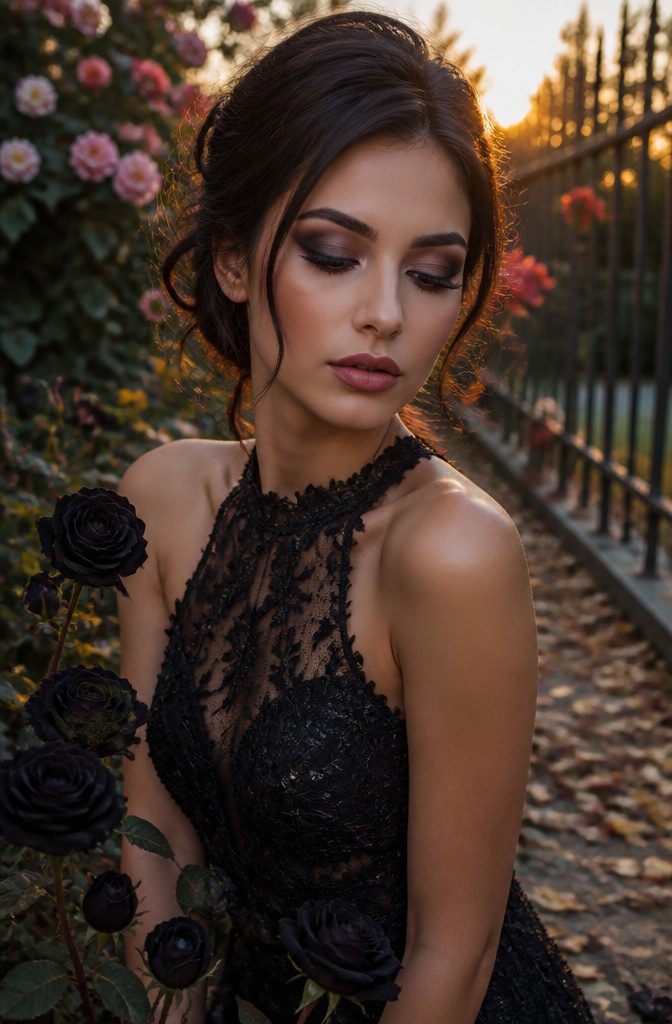 20 Black Eyeshadow Looks From Classic to Edgy for 2026 9 Model showcasing black rose-inspired eye makeup in a garden.