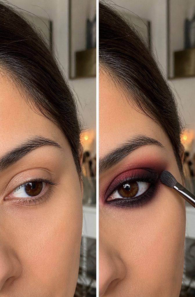 How to Do Smokey Eye Makeup Red Like a Pro: 9 Steps 13 A model blending red and black eyeshadows on her eyelid.